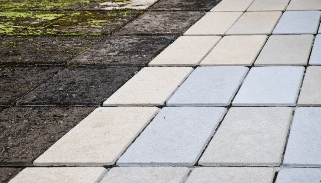 Close-up van gereinigde bestrating met duidelijk verschil tussen schone en vervuilde tegels op een terras