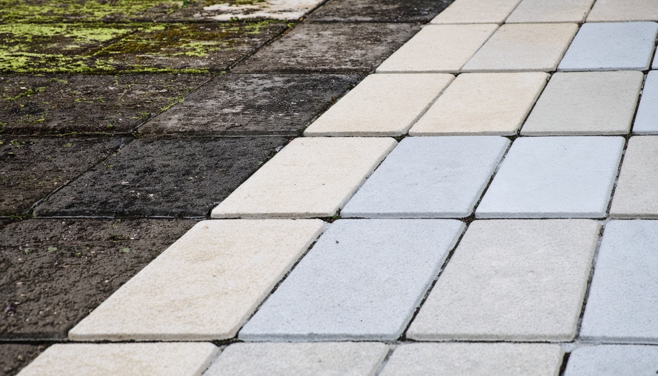 Close-up van gereinigde bestrating met duidelijk verschil tussen schone en vervuilde tegels op een terras