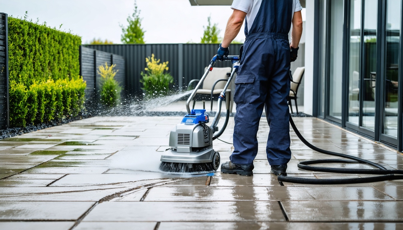 Specialist reinigt bestrating met professionele oppervlakte reiniger op een terras